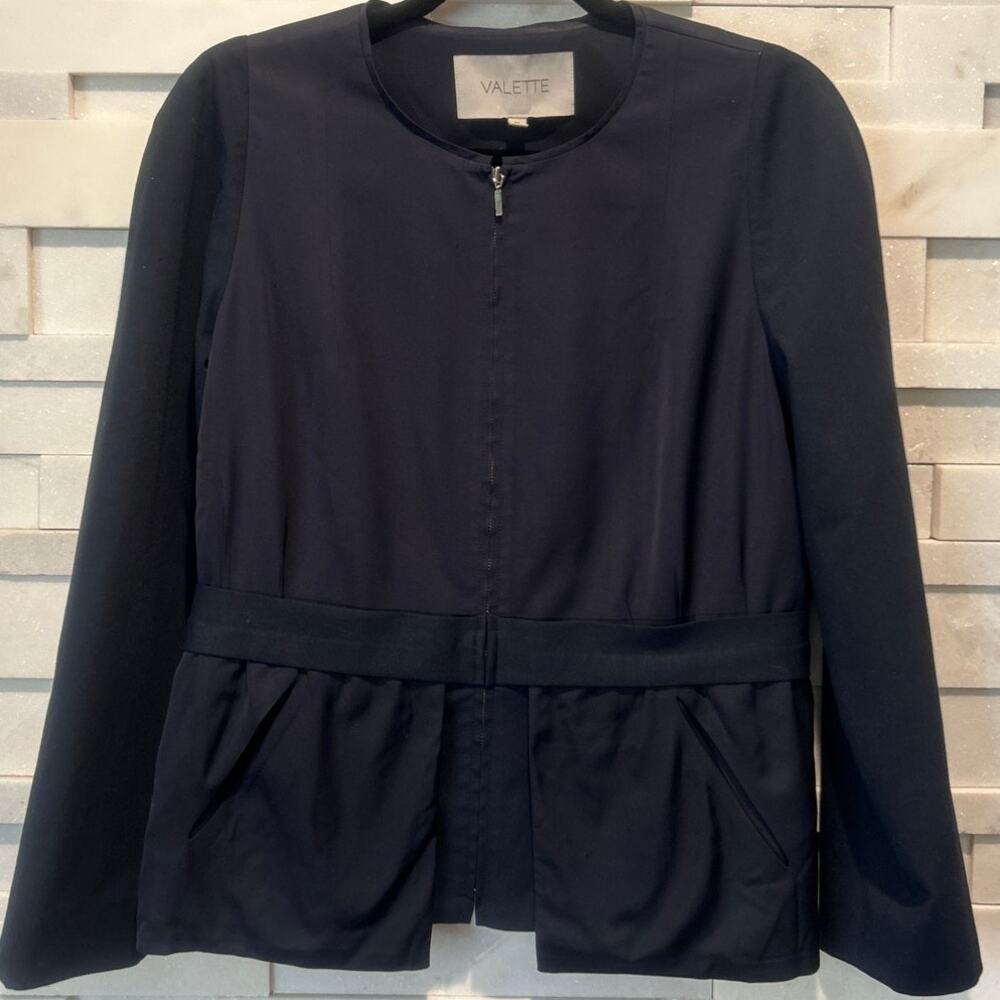 VALETTE Zip Front V Neck Banded Waist Jacket Modern Minimalist Workwear M